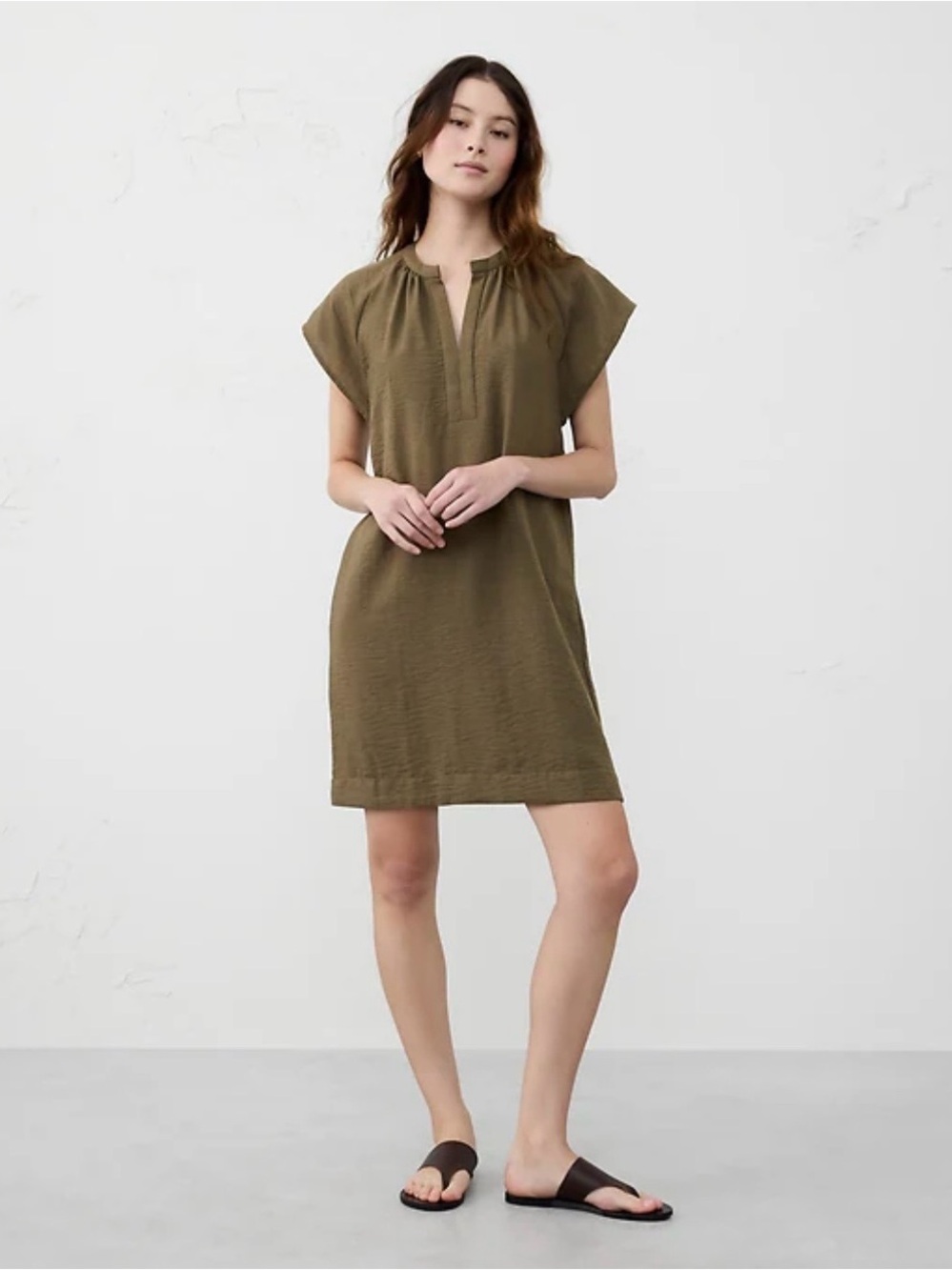 Banana Republic Olive Green Shift Dress Dolman Sleeve Linen Look - Size Large